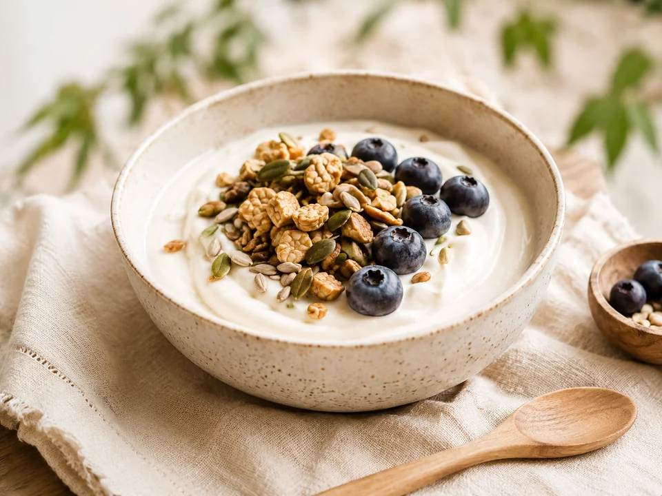 High-protein vegan breakfast bowl with soy yoghurt, blueberries, seeds and protein granola.