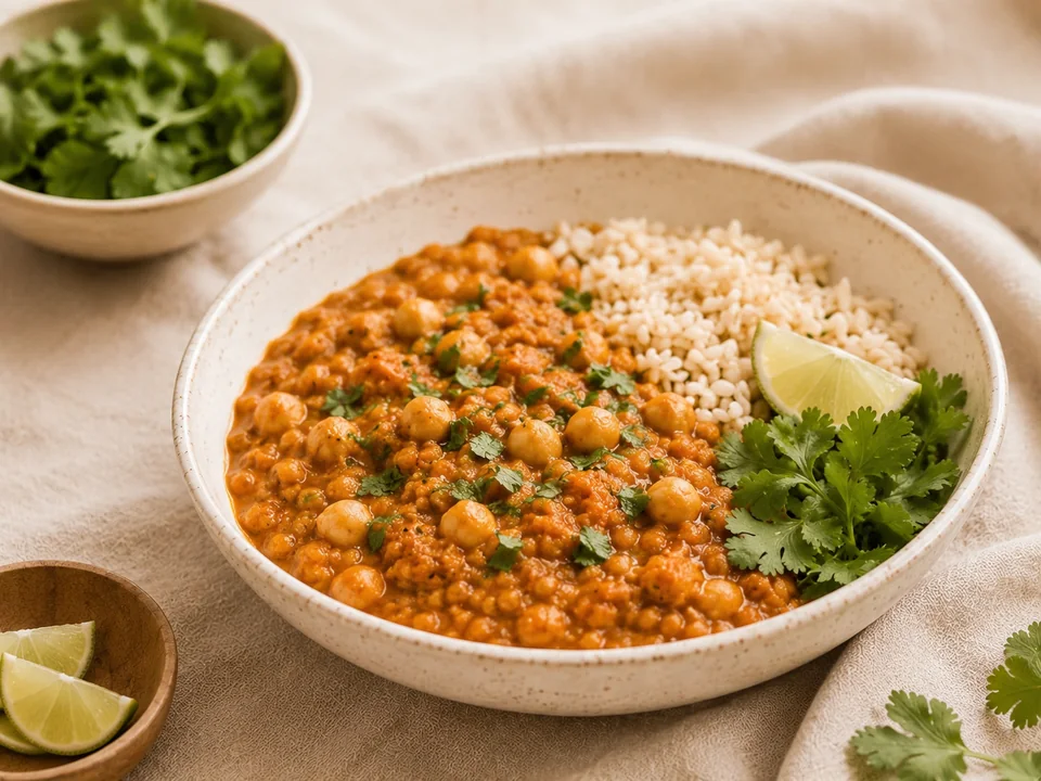 High-protein vegan chickpea and lentil curry served with brown rice and fresh coriander.