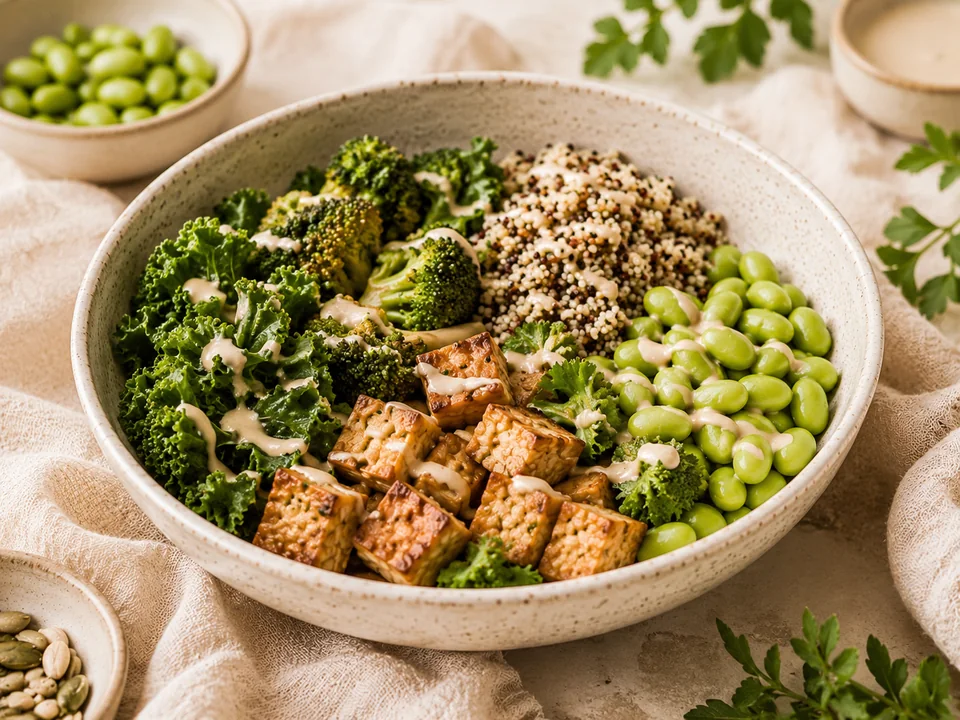 High-protein vegan tempeh bowl with quinoa, edamame, kale and broccoli.