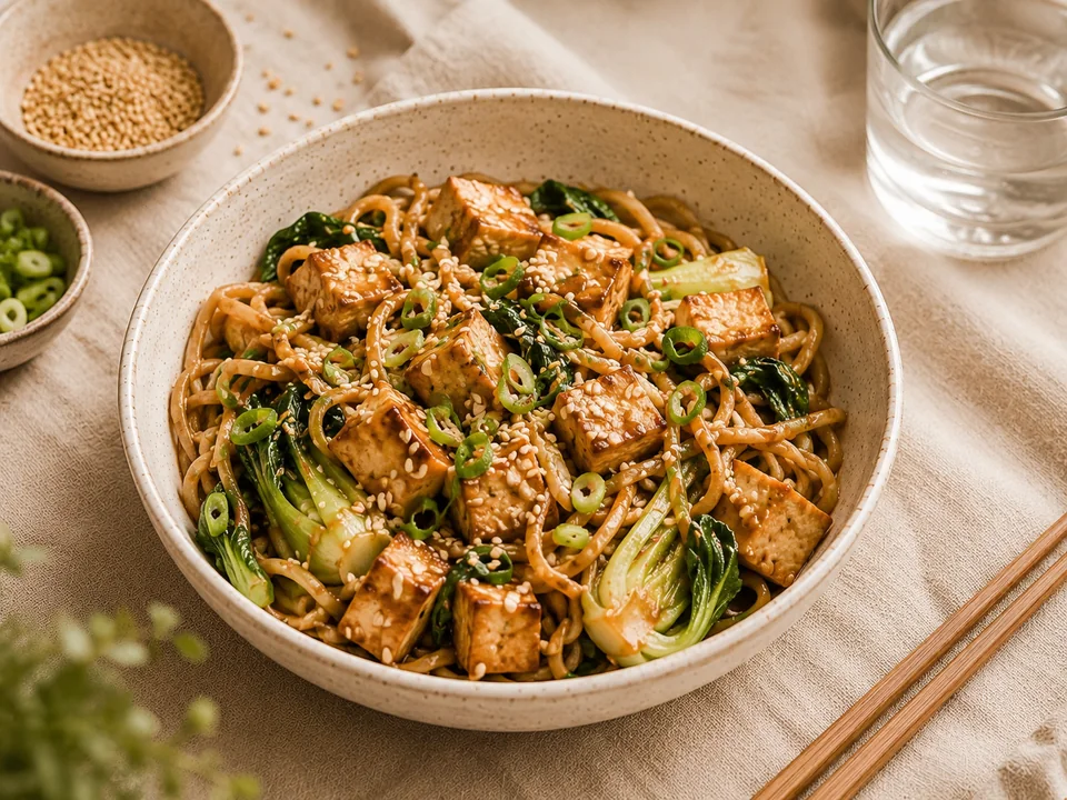 High-protein vegan tofu noodle bowl with pak choi, spring onion and sesame seeds.