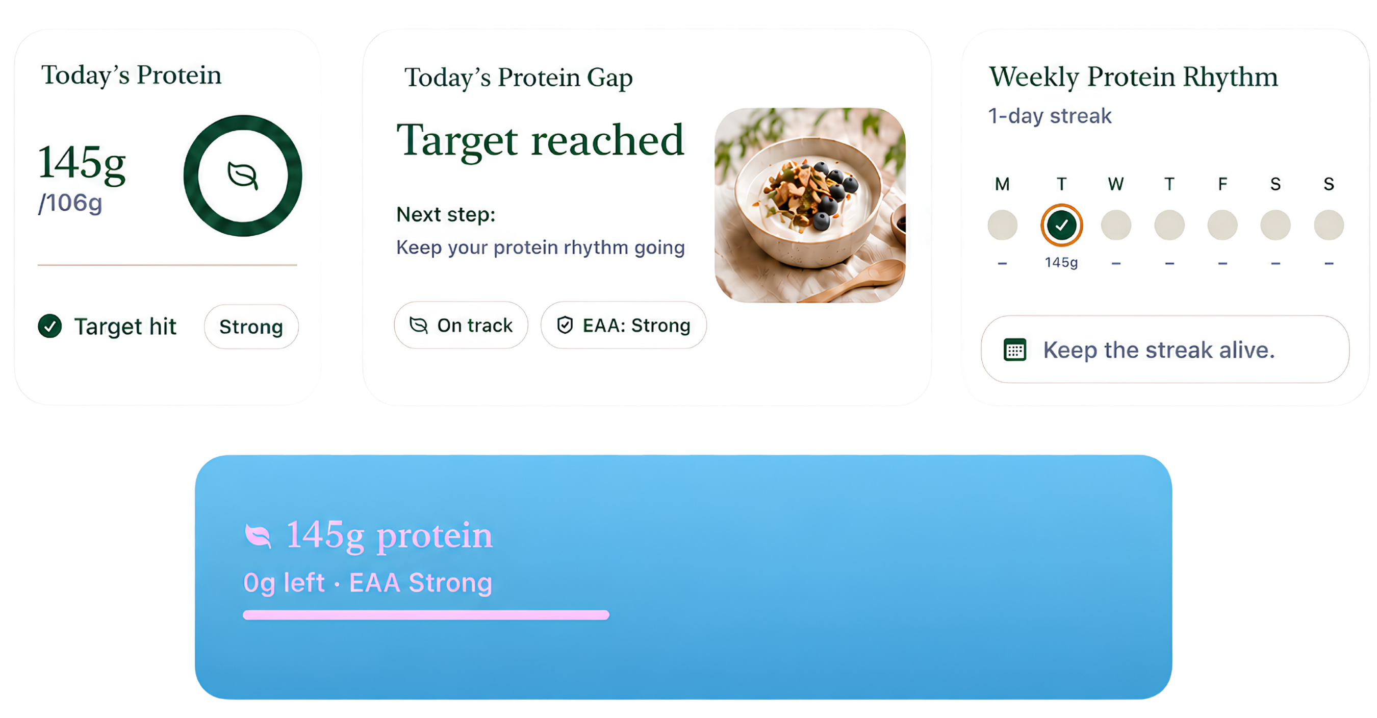 Vegan Protein Planner Home and Lock Screen widgets showing daily protein progress, protein gap guidance, weekly protein rhythm and Lock Screen protein tracking