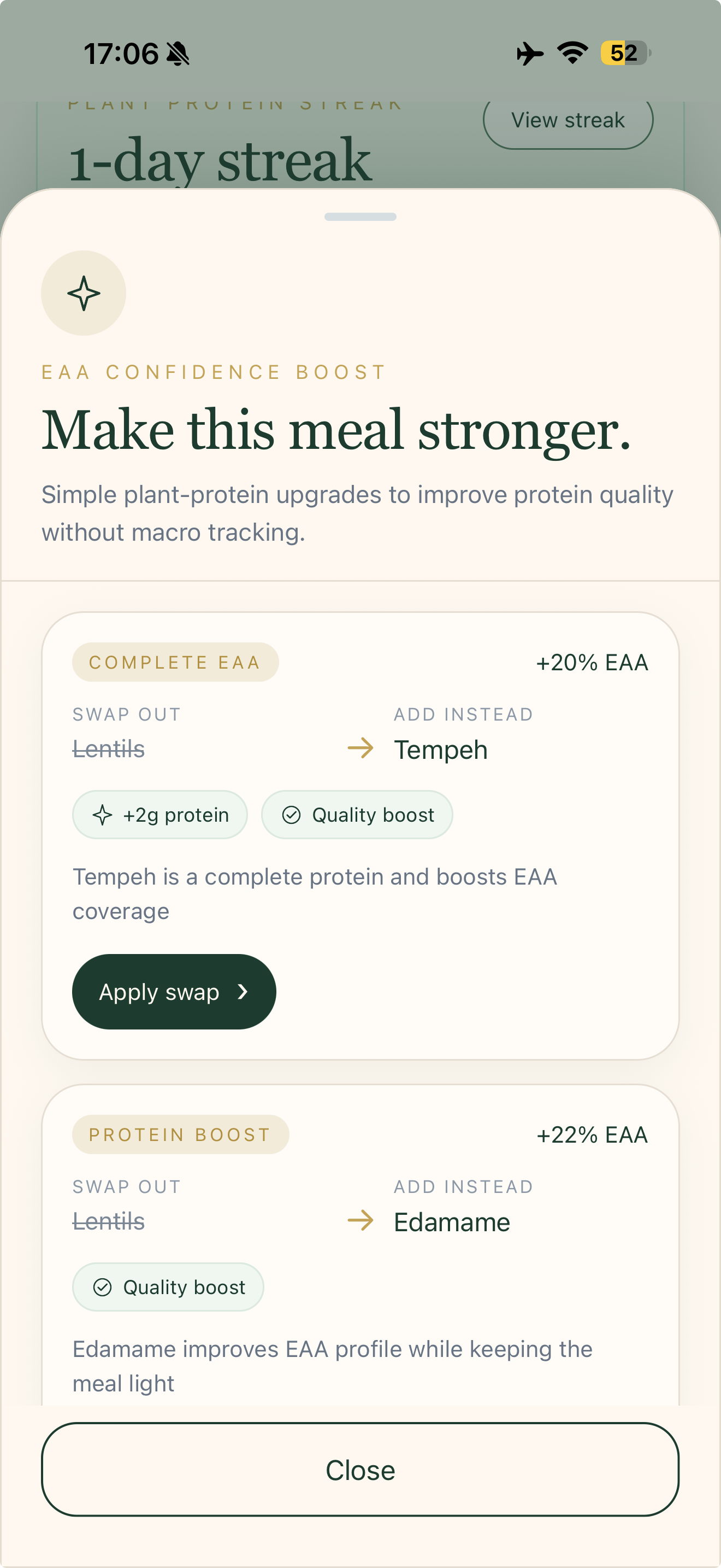 Vegan Protein Planner EAA confidence boost showing smart protein swaps