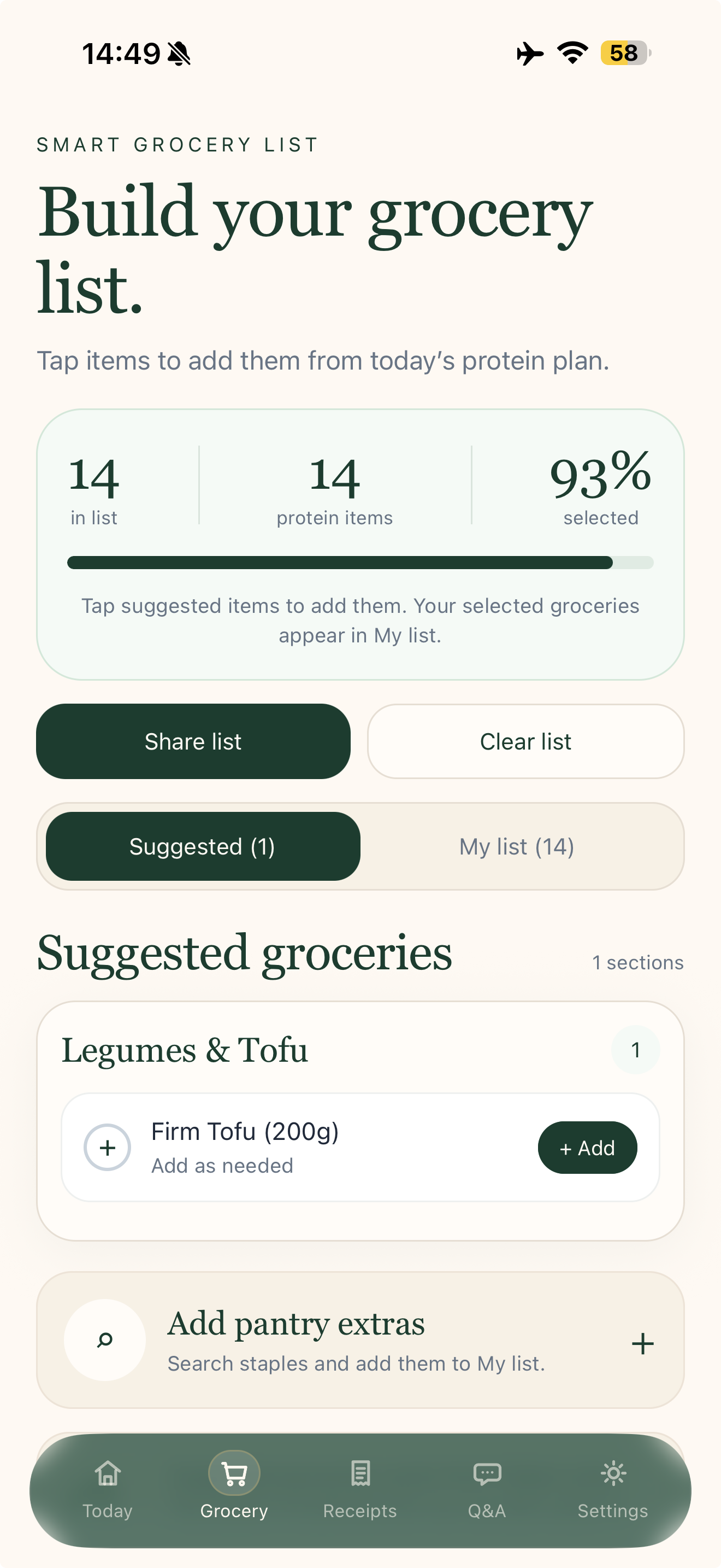 Vegan Protein Planner grocery list generated from today's protein plan