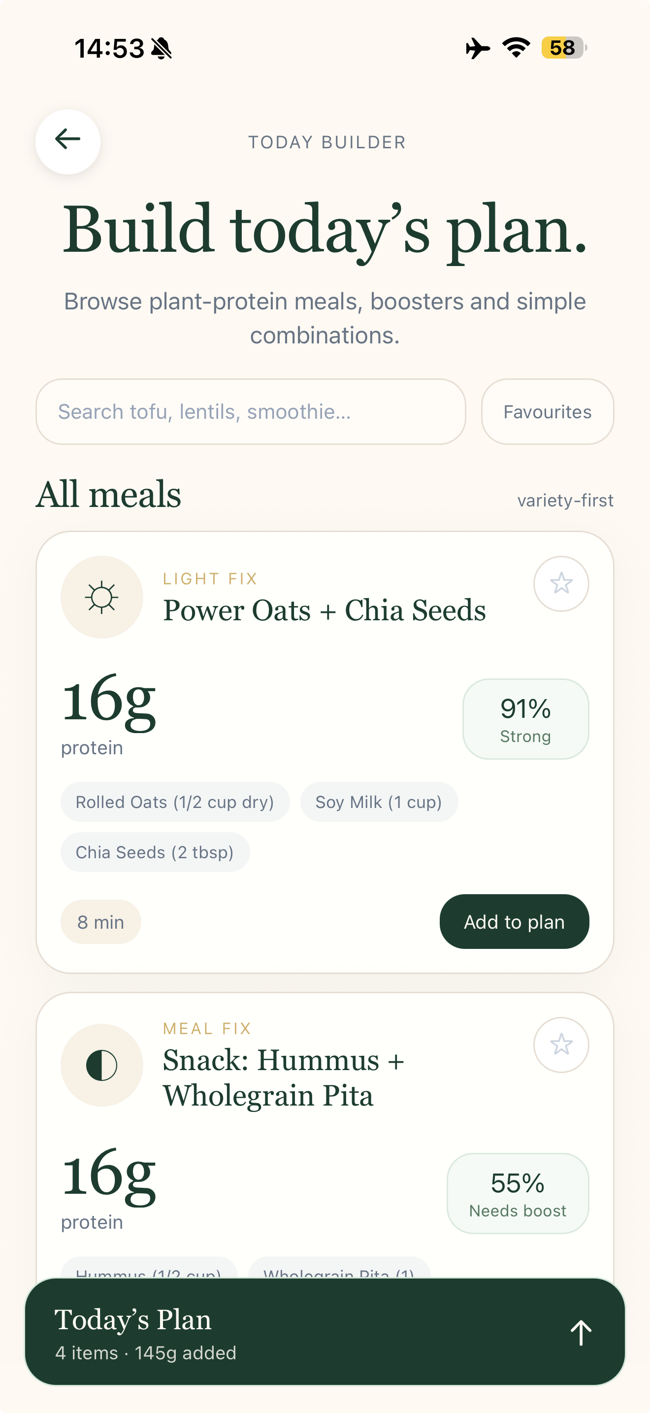 Vegan Protein Planner meal builder showing plant-protein meal options