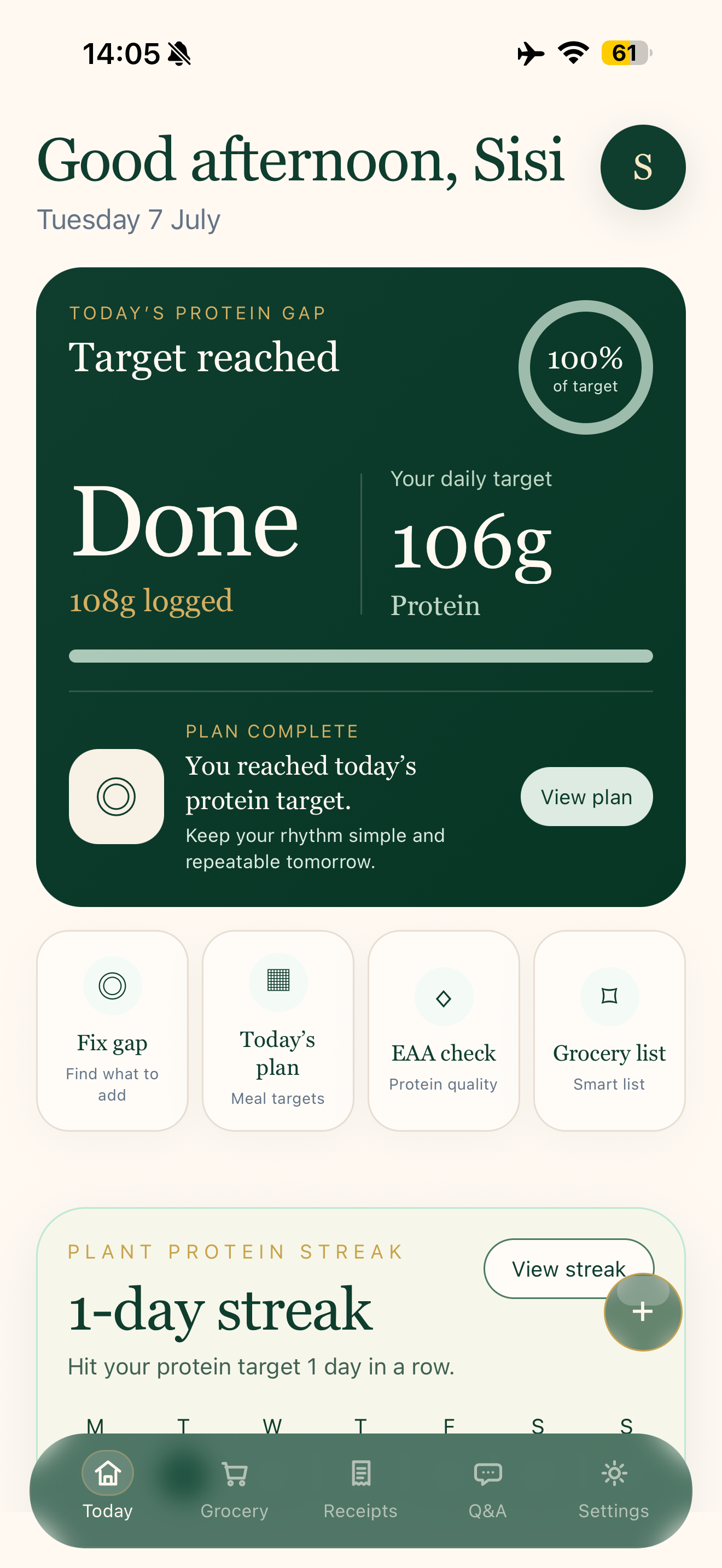 Vegan Protein Planner Today screen showing daily protein target and progress
